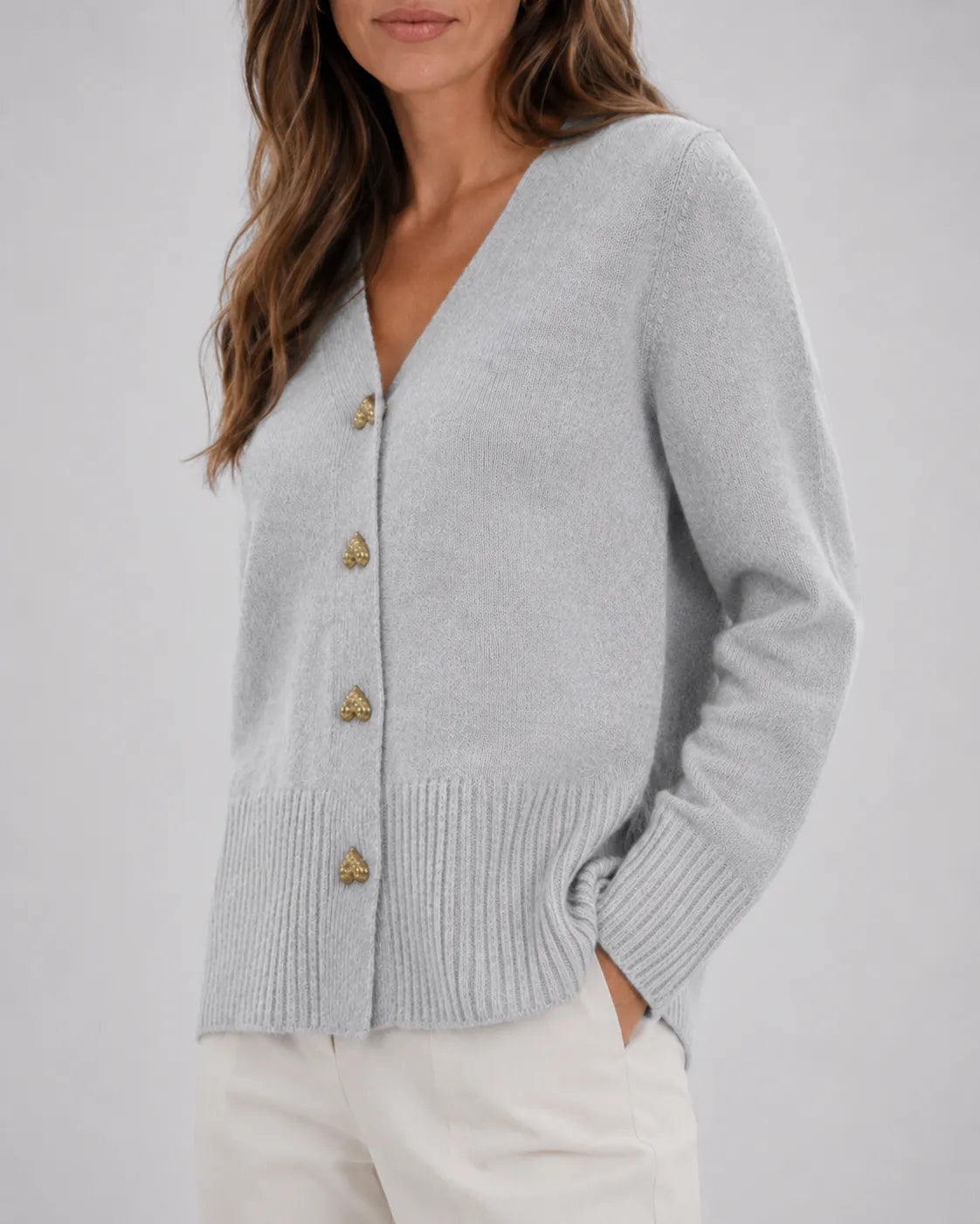 V-Neck Relaxed Knit Cardigan with Heart Buttons