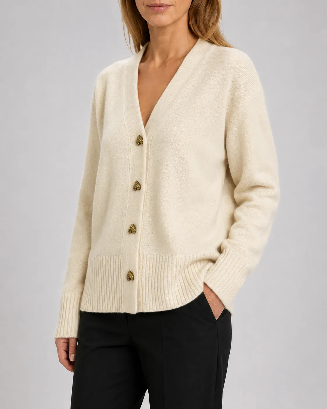 V-Neck Relaxed Knit Cardigan with Heart Buttons