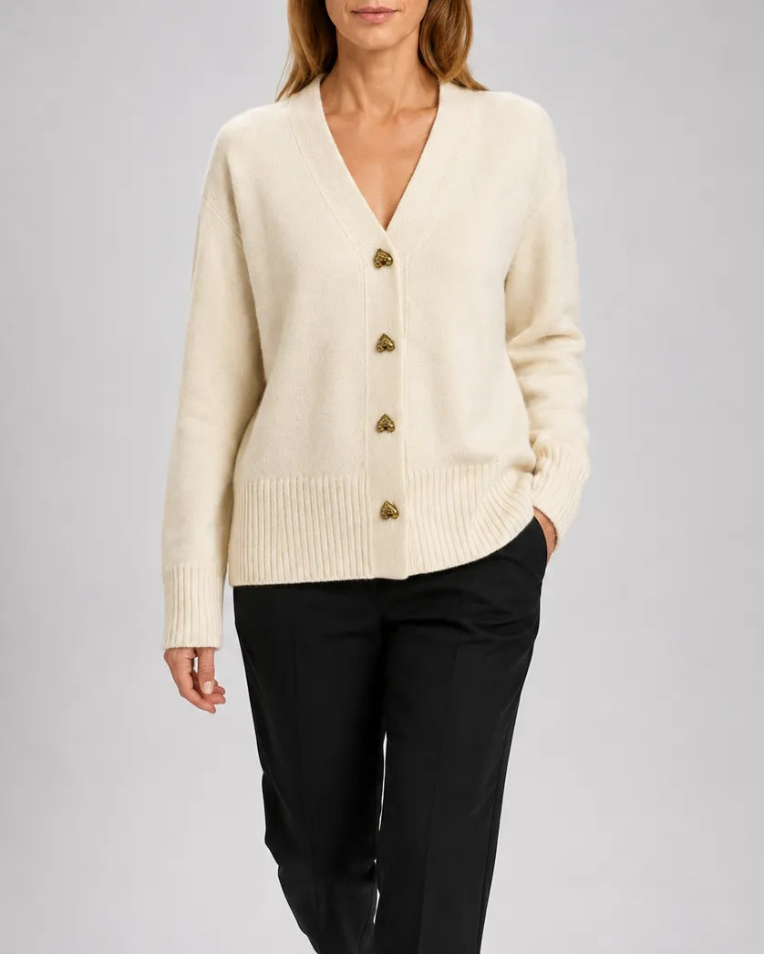 V-Neck Relaxed Knit Cardigan with Heart Buttons