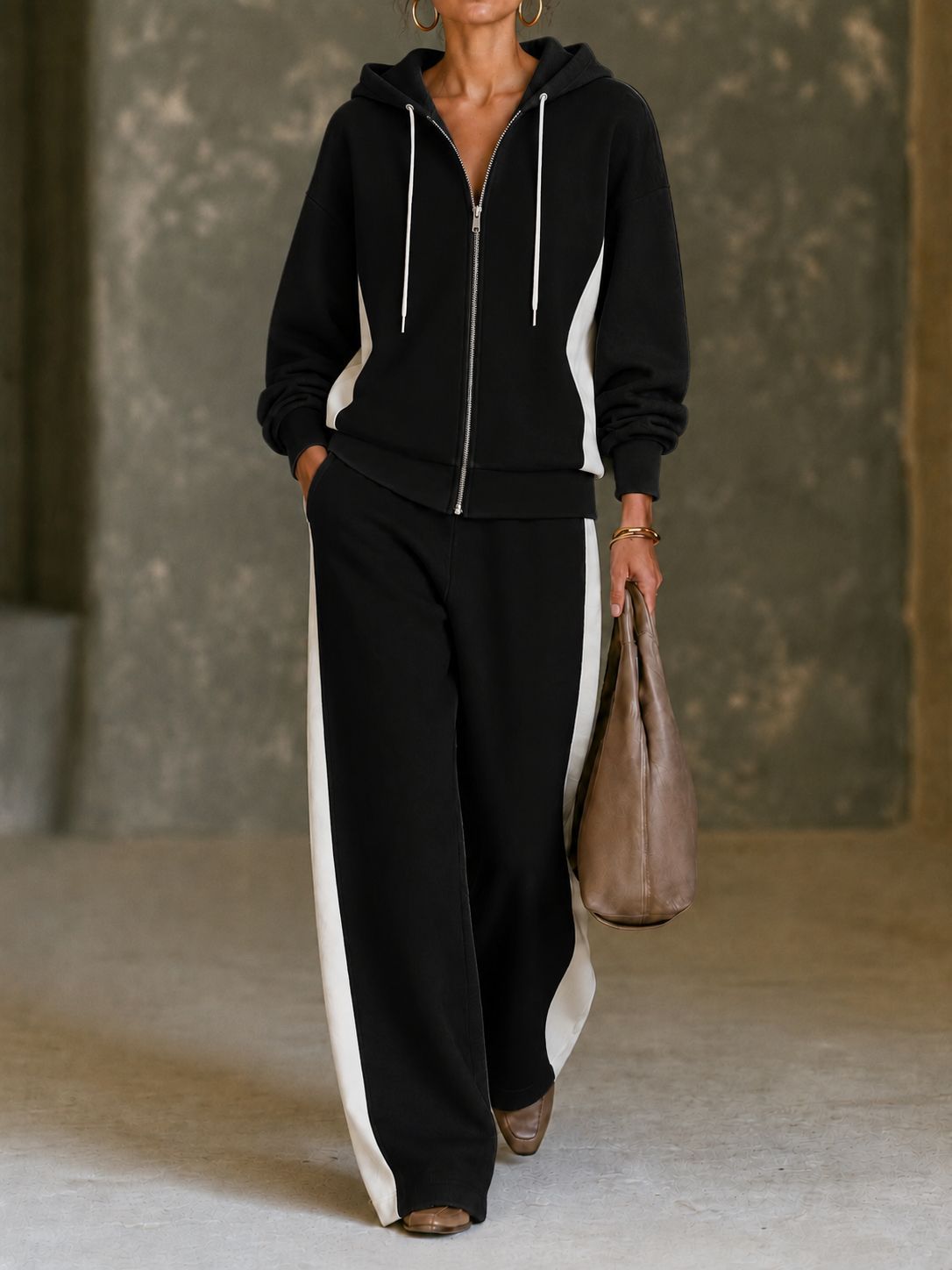 Women's Colorblock Autumn Sweatsuit | Casual Zip-Up Hoodie Wide-Leg Pants Set