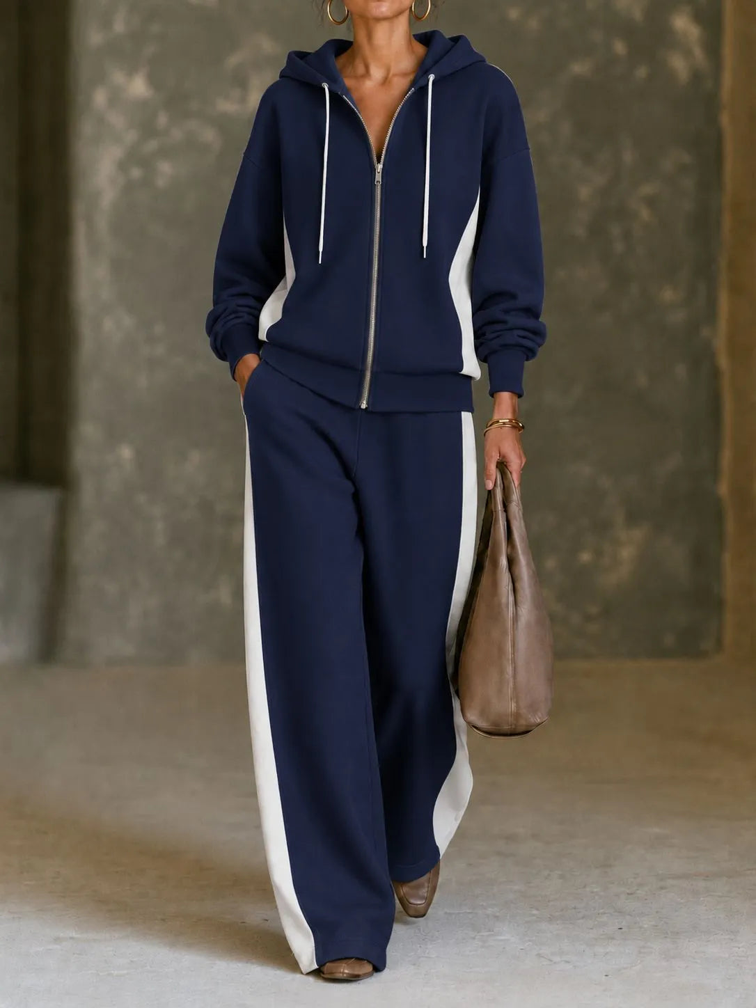 Women's Colorblock Autumn Sweatsuit | Casual Zip-Up Hoodie Wide-Leg Pants Set