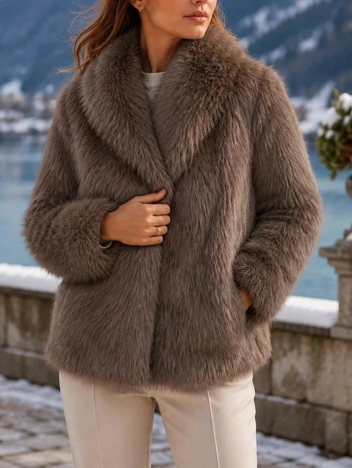 Women's Faux Fur Notch Lapel Winter Coat | Elegant Warm Long Outerwear