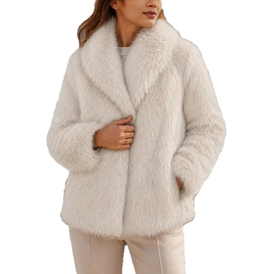 Women's Faux Fur Notch Lapel Winter Coat | Elegant Warm Long Outerwear