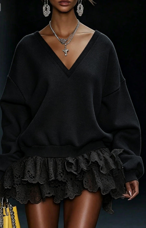 Women's Knit V-Neck Autumn Mini Dress | Lace Patchwork Long Sleeve Casual Dress