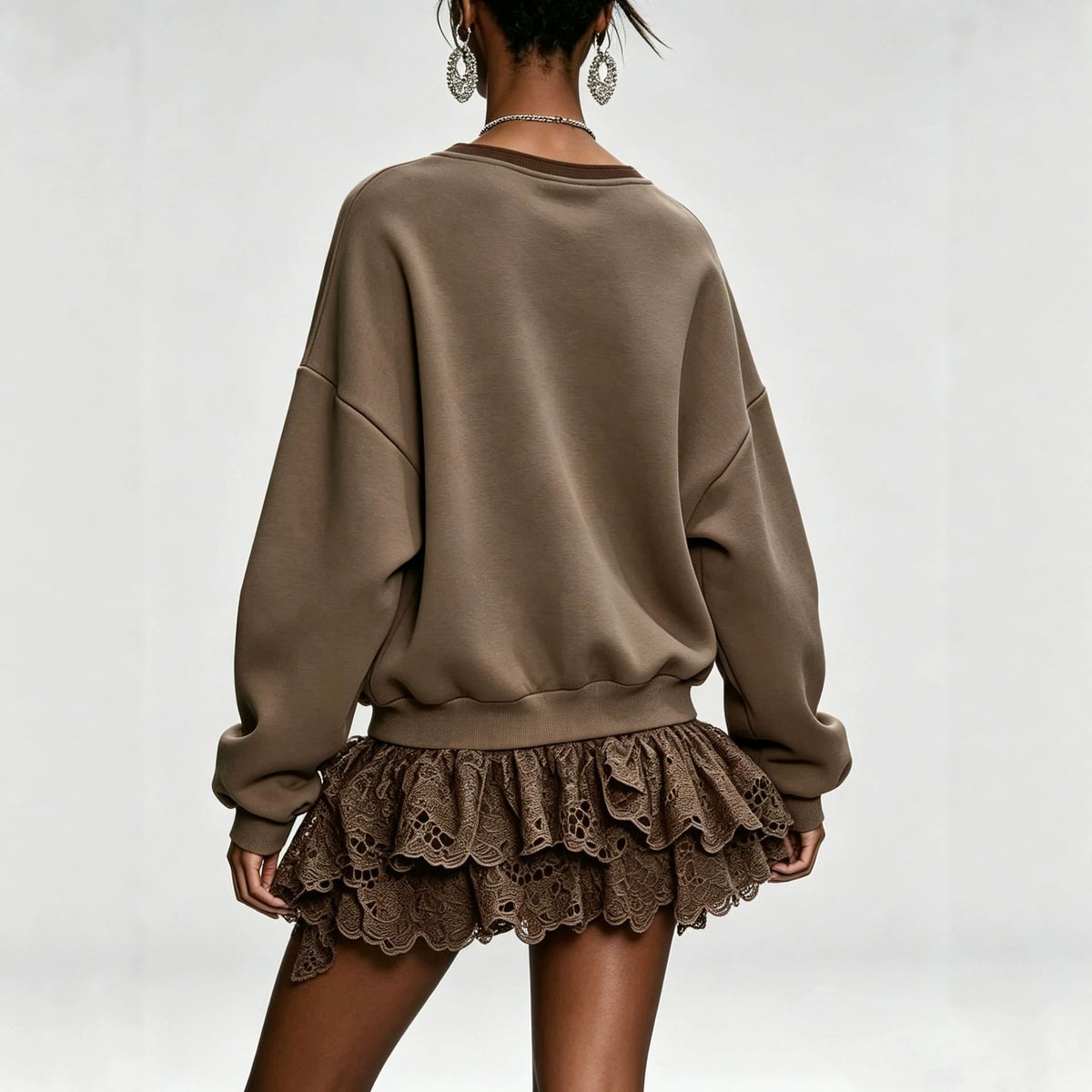 Women's Knit V-Neck Autumn Mini Dress | Lace Patchwork Long Sleeve Casual Dress