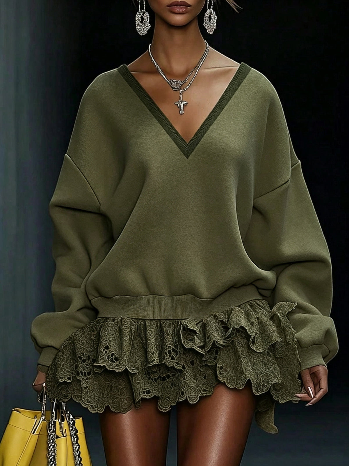 Women's Knit V-Neck Autumn Mini Dress | Lace Patchwork Long Sleeve Casual Dress