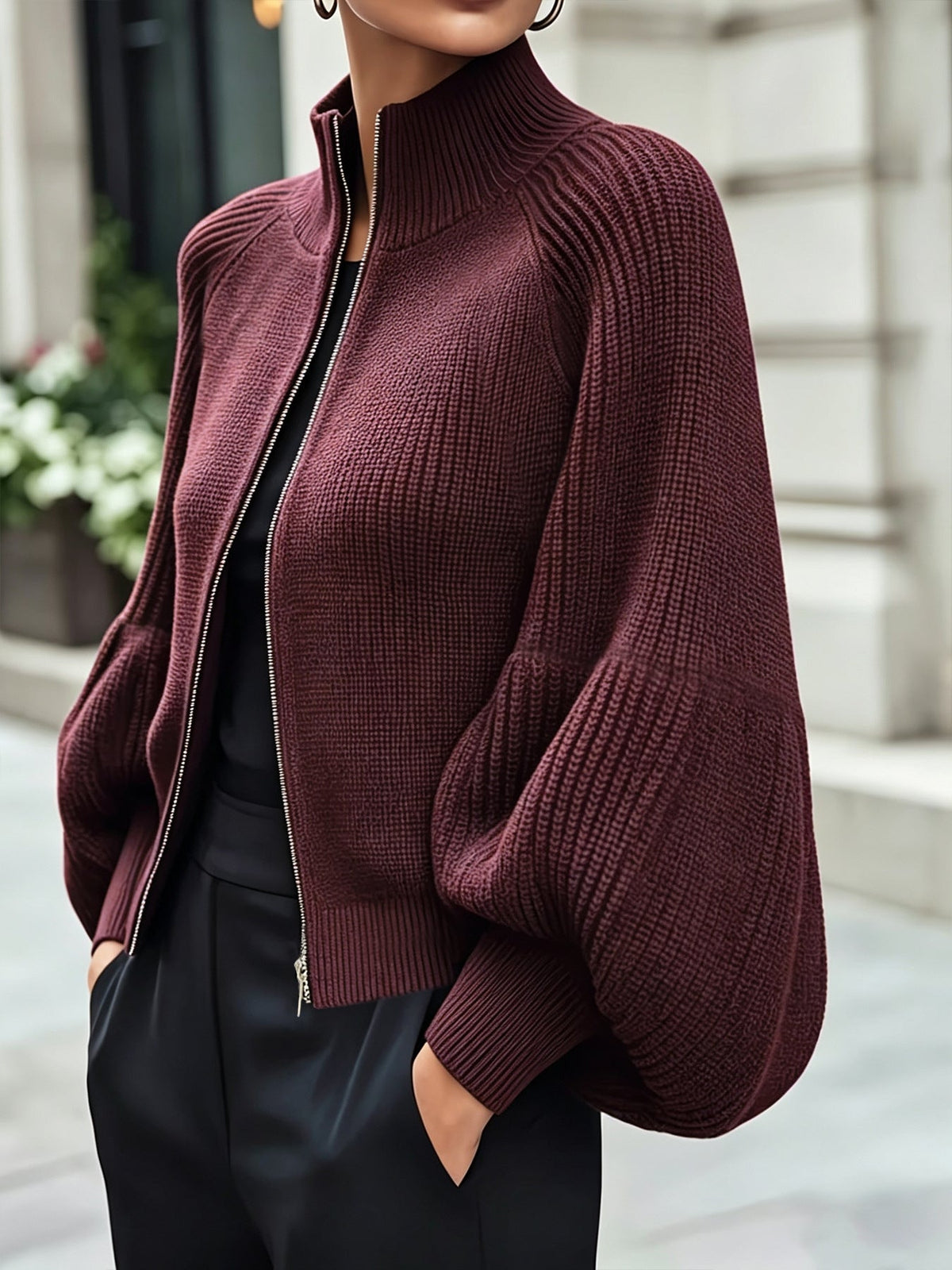 Women's Knit Winter Cardigan | Textured Zip-Up Jacket