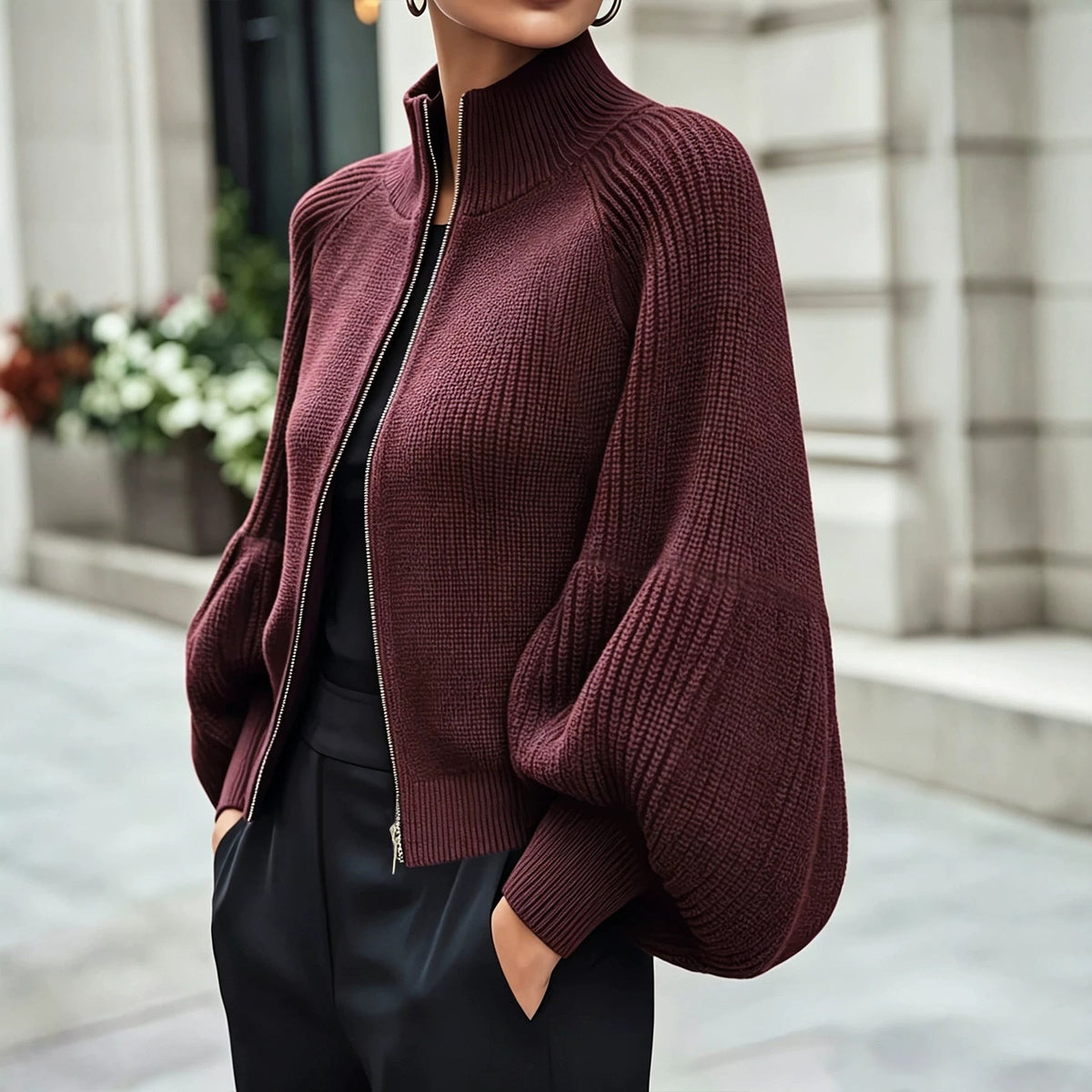 Women's Knit Winter Cardigan | Textured Zip-Up Jacket