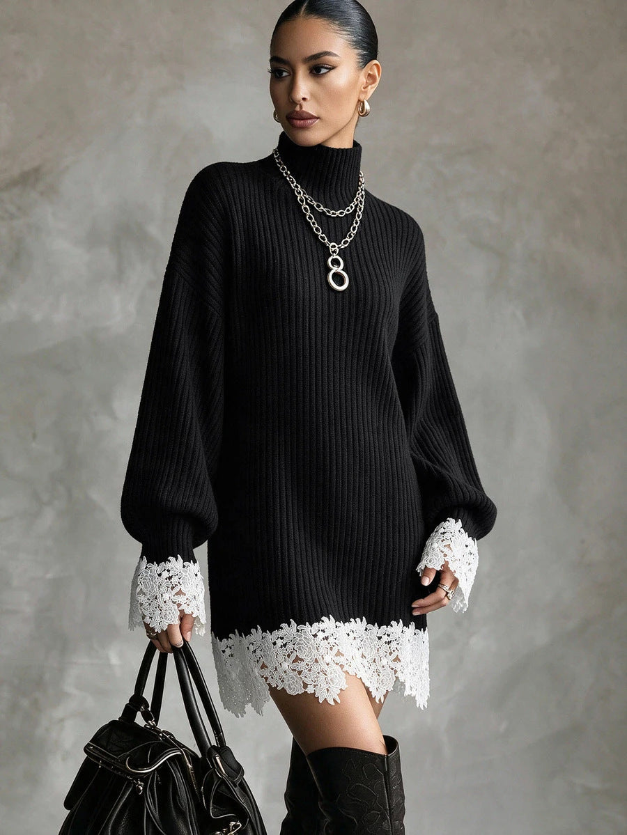 Women's Lace Knitted Autumn Dress | Elegant Lantern Sleeve Pullover
