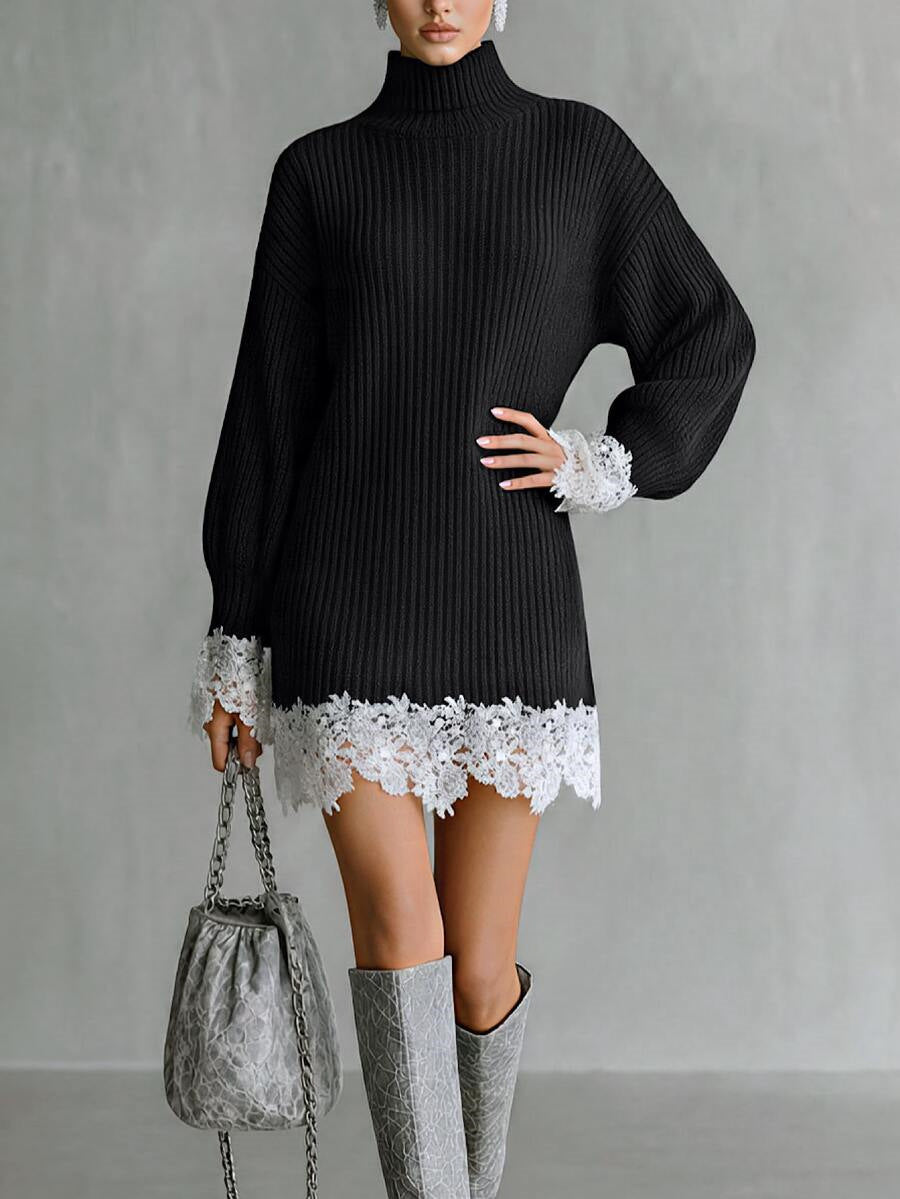 Women's Lace Knitted Autumn Dress | Elegant Lantern Sleeve Pullover