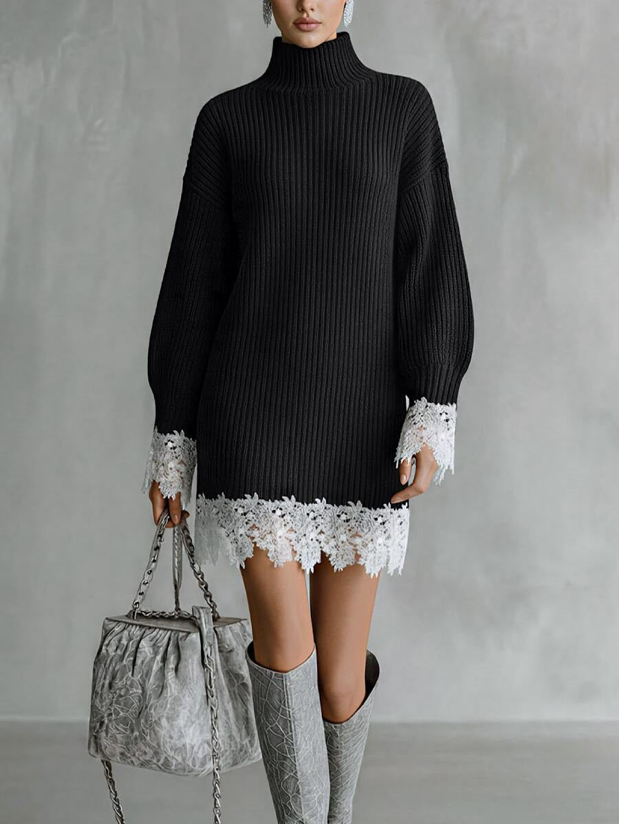 Women's Lace Knitted Autumn Dress | Elegant Lantern Sleeve Pullover