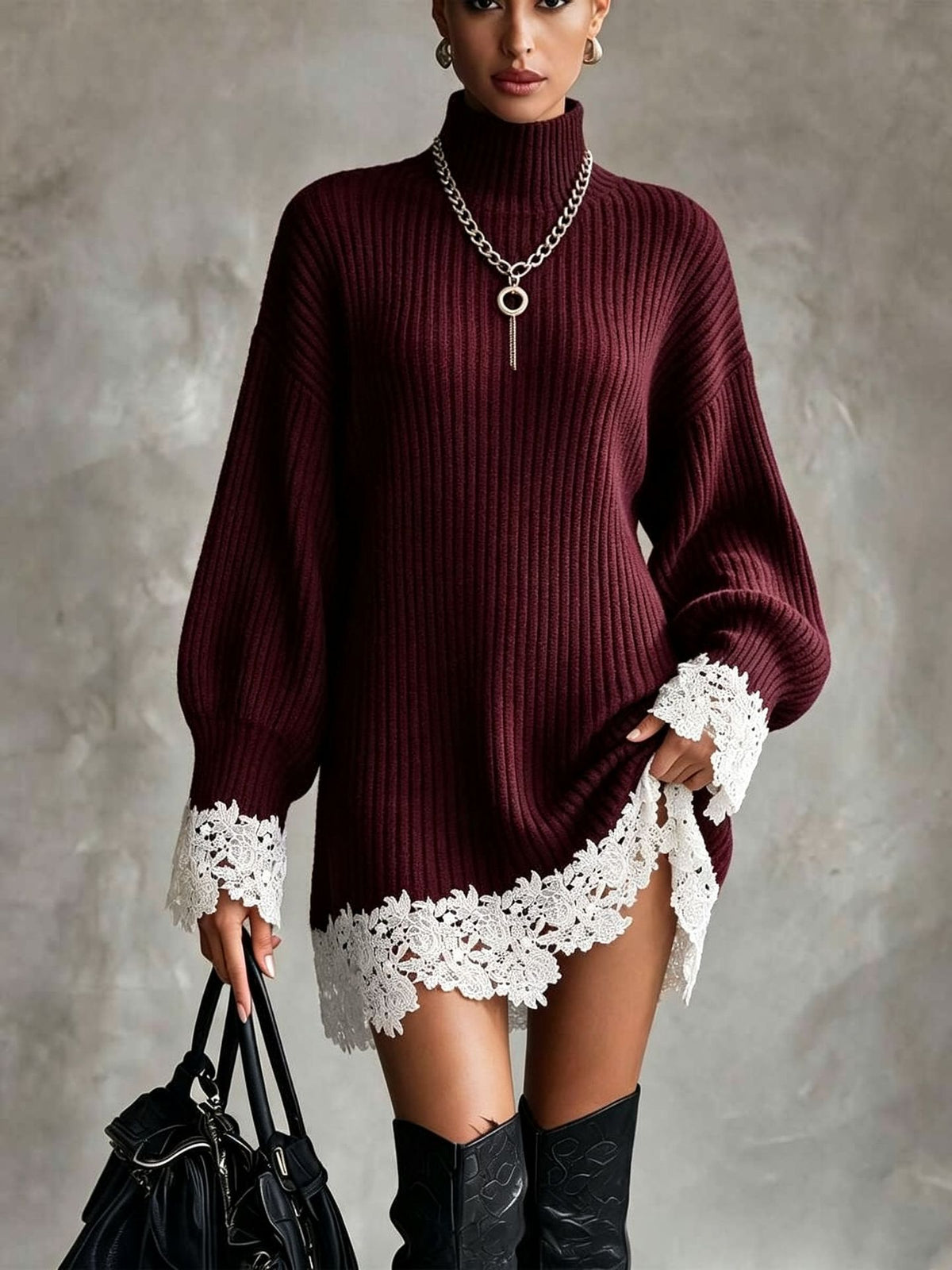 Women's Lace Knitted Autumn Dress | Elegant Lantern Sleeve Pullover