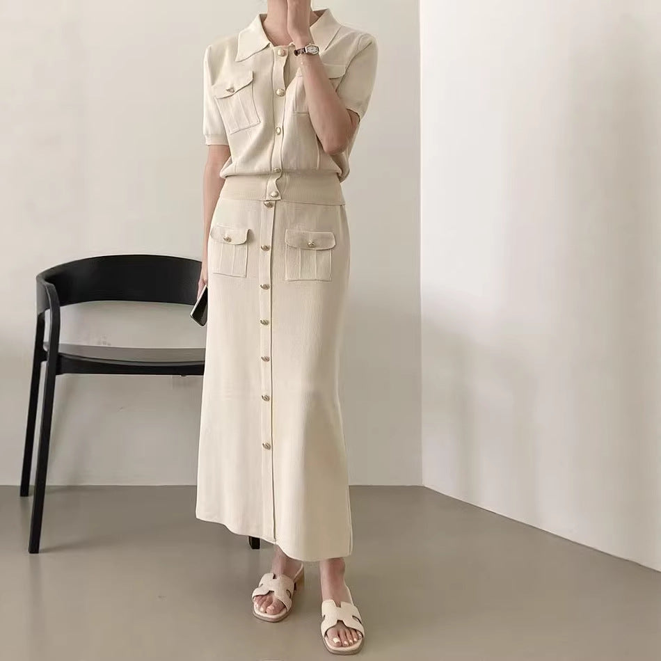 Women's Polo Collar Button Knit Top and Midi Skirt Set | Willow collection