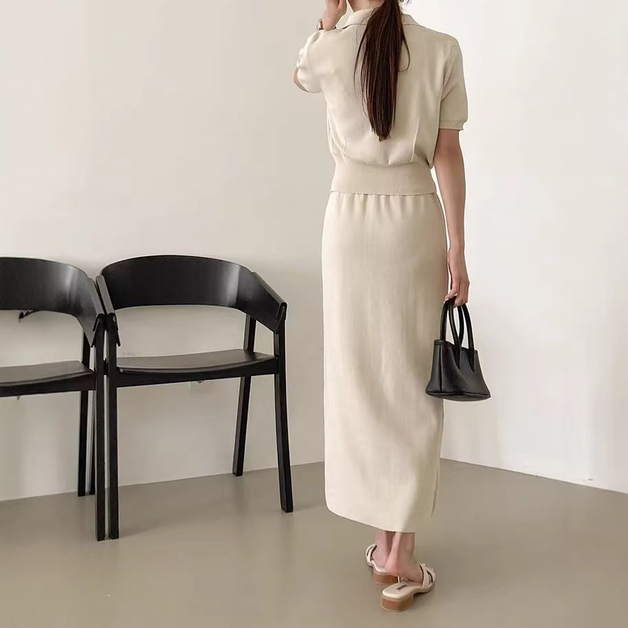 Women's Polo Collar Button Knit Top and Midi Skirt Set | Willow collection