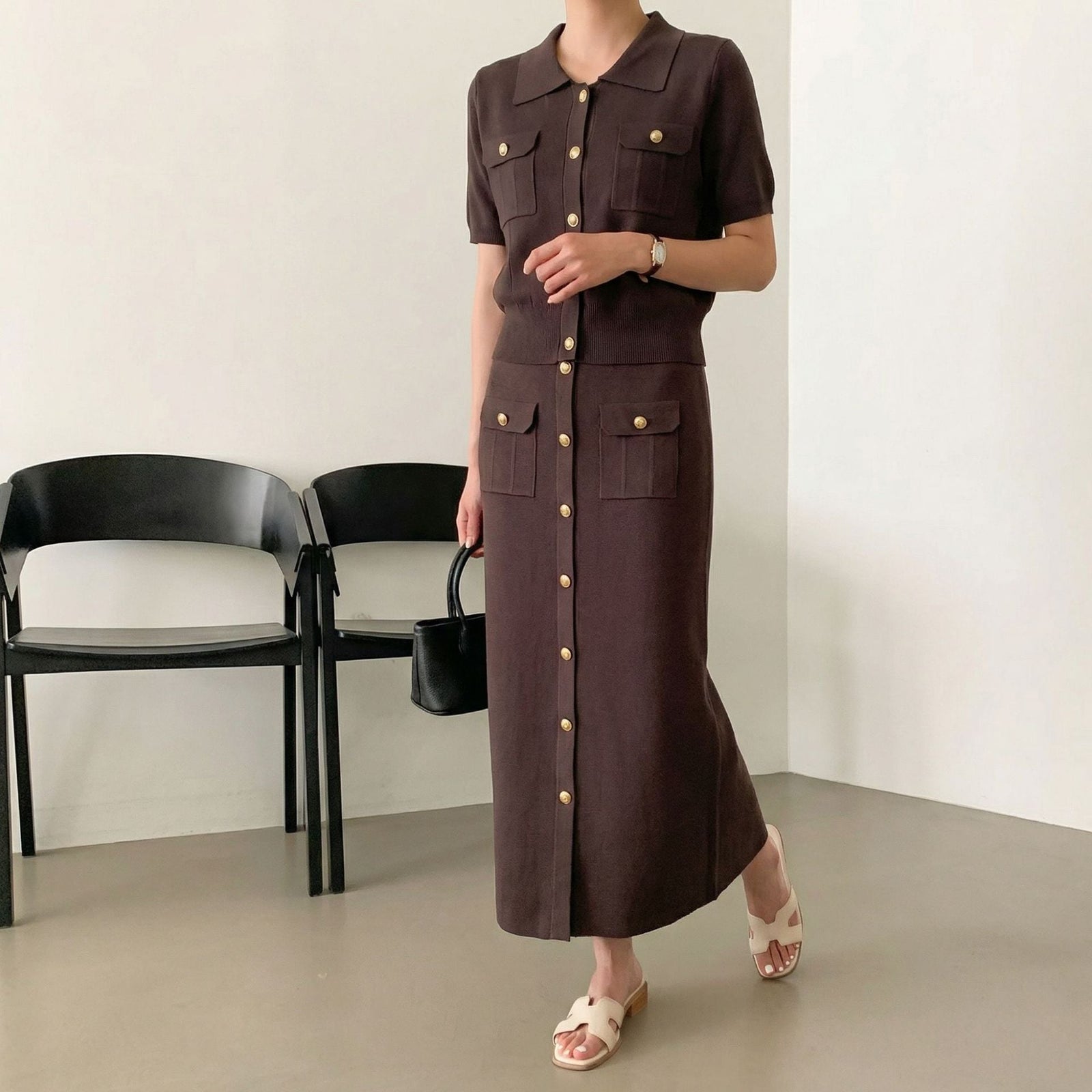 Women's Polo Collar Button Knit Top and Midi Skirt Set | Willow collection