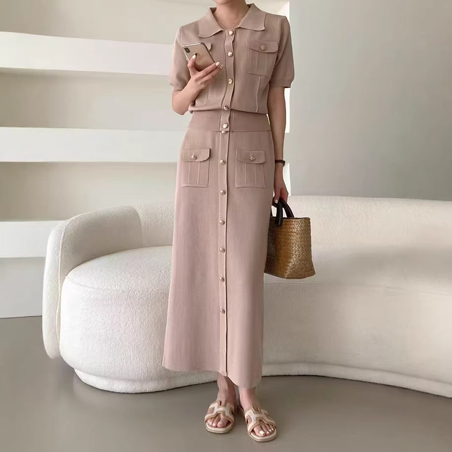 Women's Polo Collar Button Knit Top and Midi Skirt Set | Willow collection