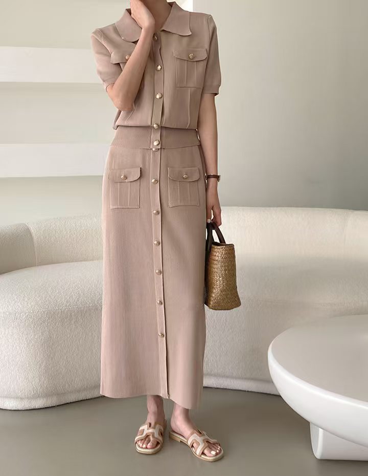 Women's Polo Collar Button Knit Top and Midi Skirt Set | Willow collection