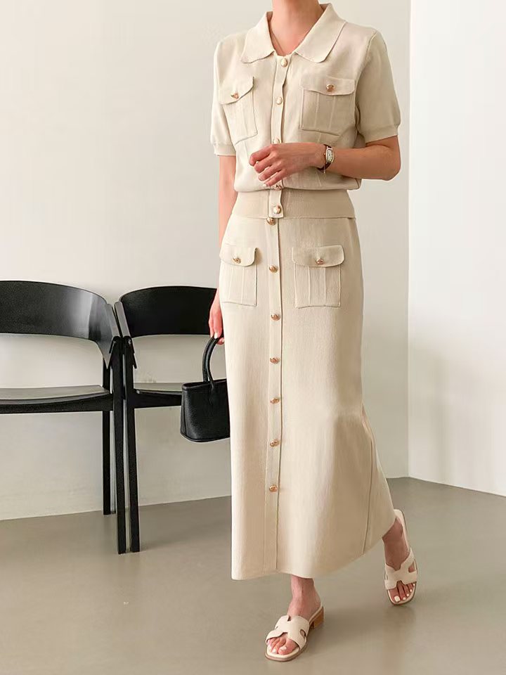 Women's Polo Collar Button Knit Top and Midi Skirt Set | Willow collection