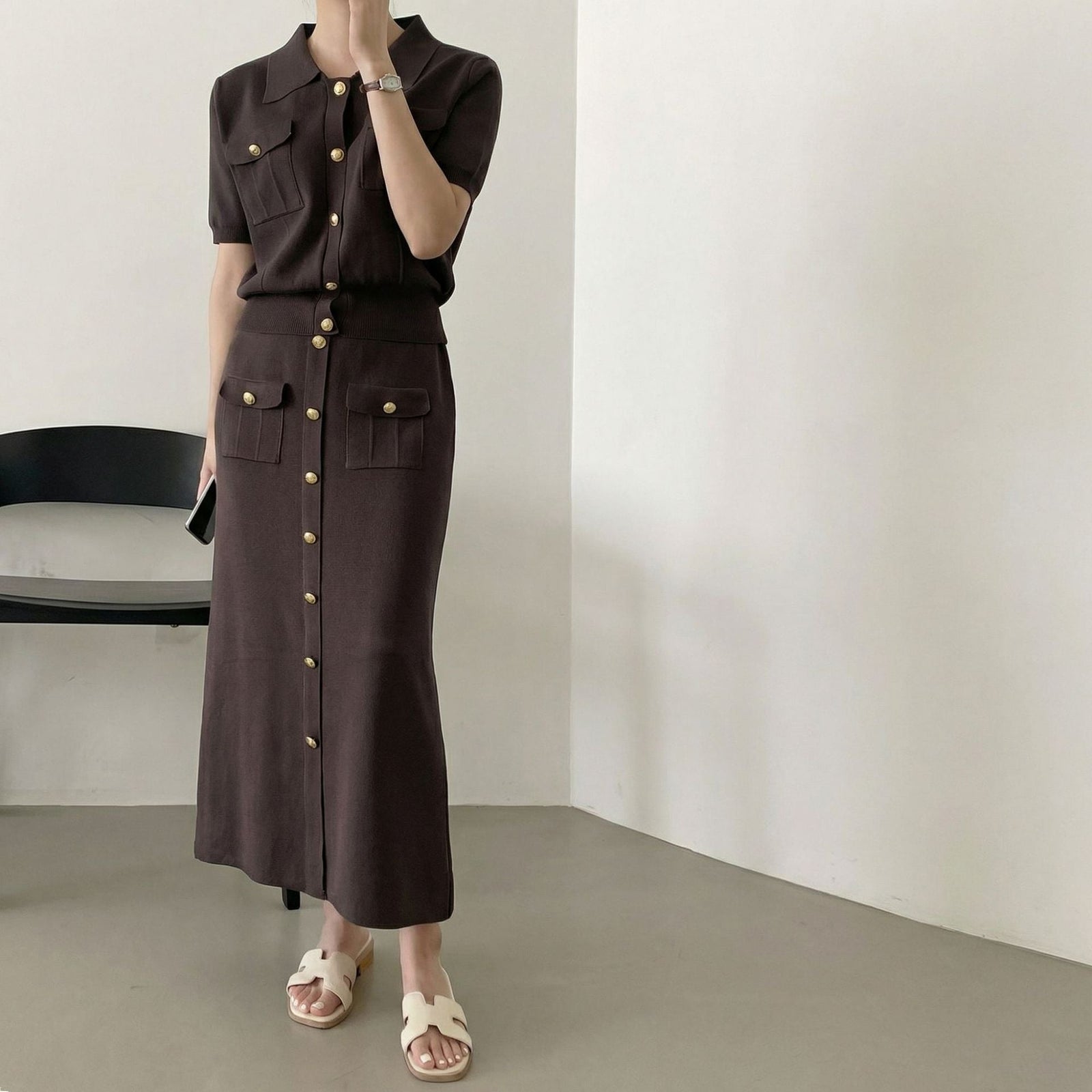 Women's Polo Collar Button Knit Top and Midi Skirt Set | Willow collection