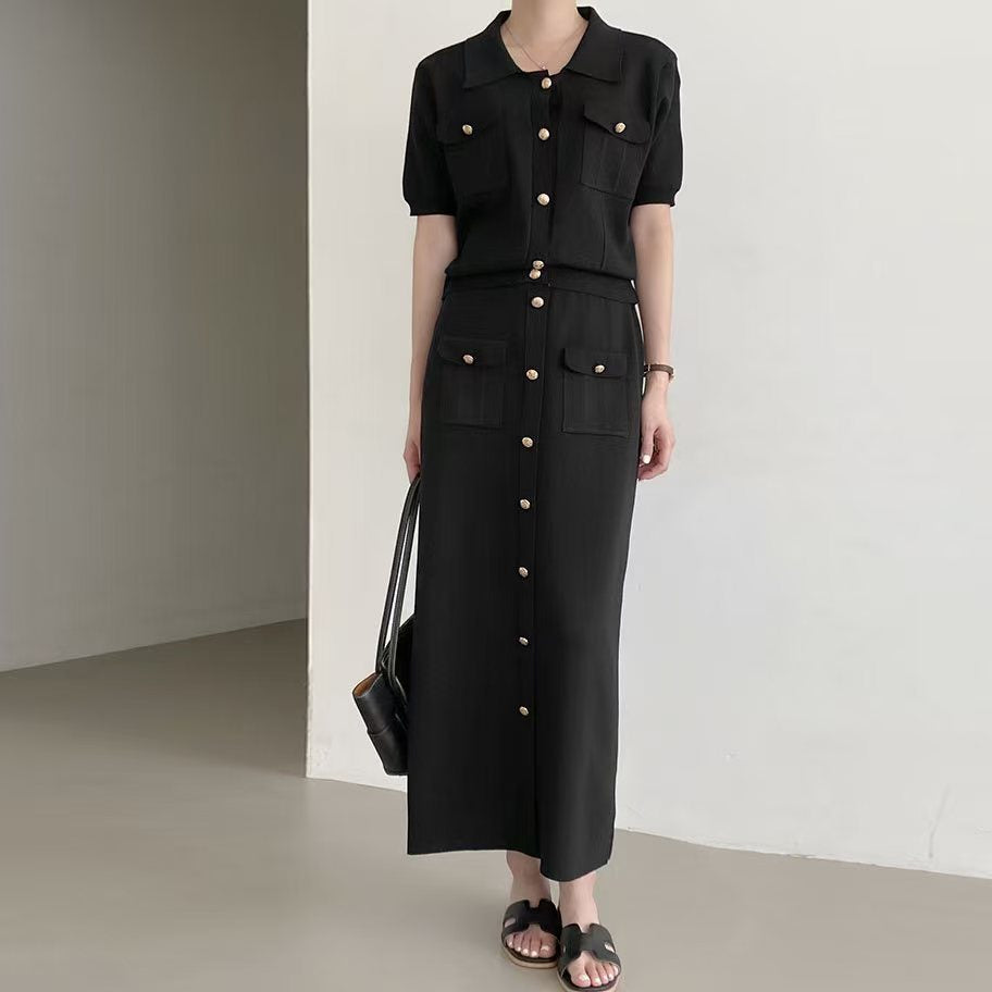 Women's Polo Collar Button Knit Top and Midi Skirt Set | Willow collection