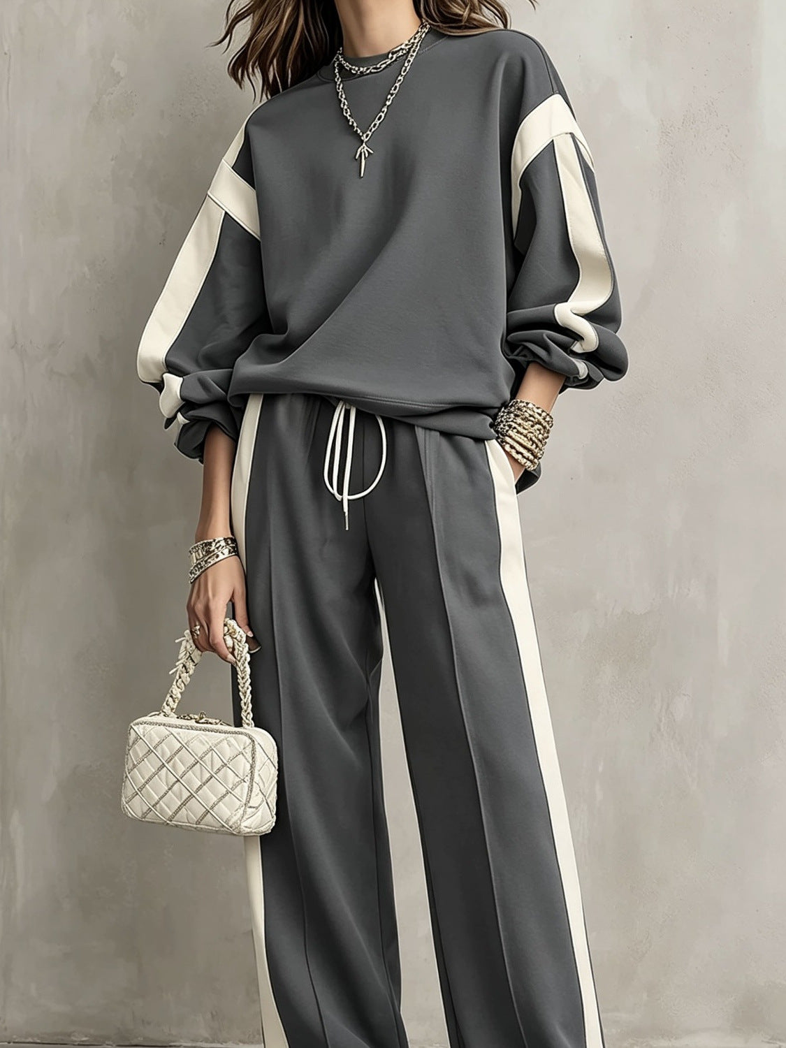 Women's Polyester Tracksuit Set | Casual Drawstring Sweatshirt Trousers