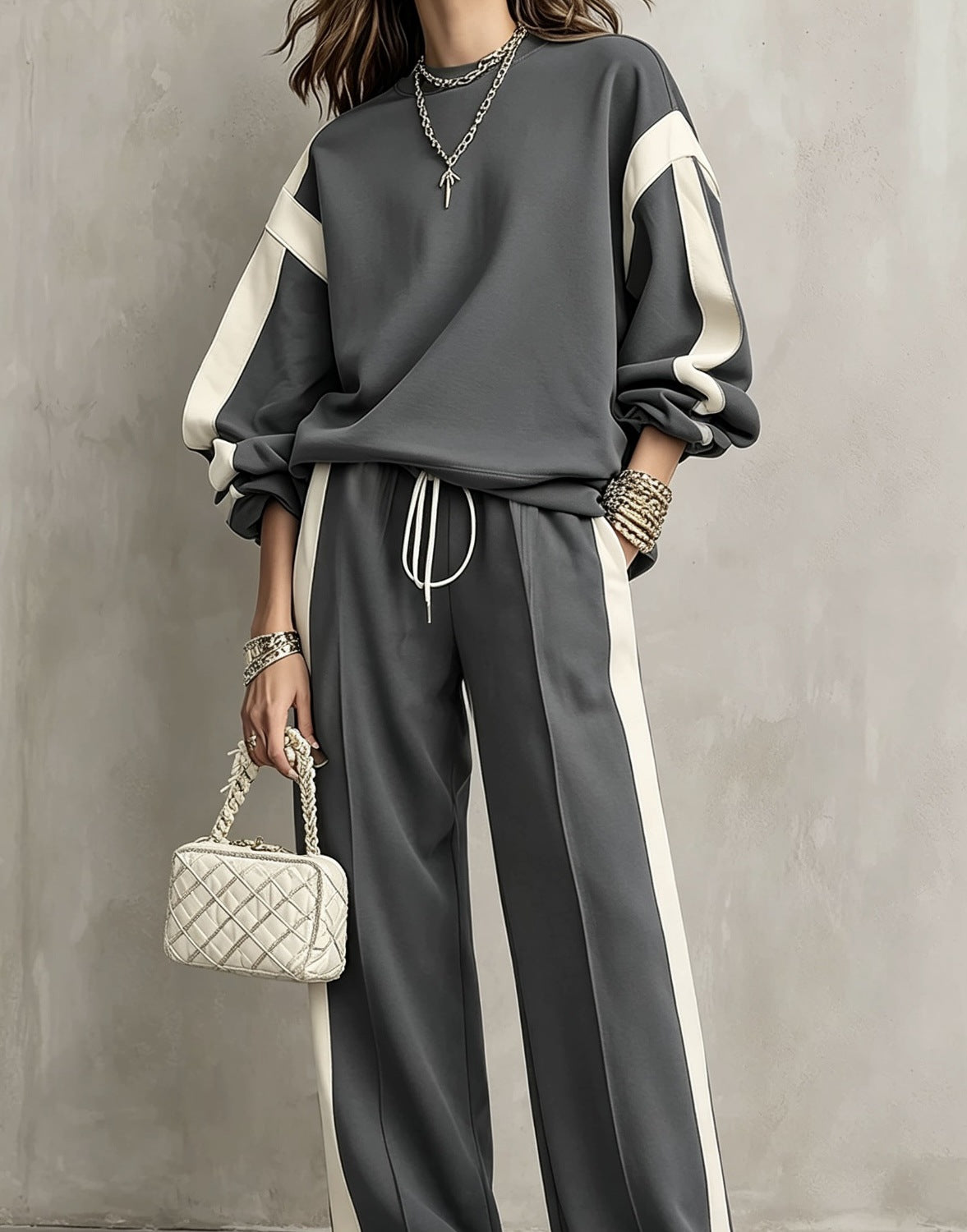 Women's Polyester Tracksuit Set | Casual Drawstring Sweatshirt Trousers