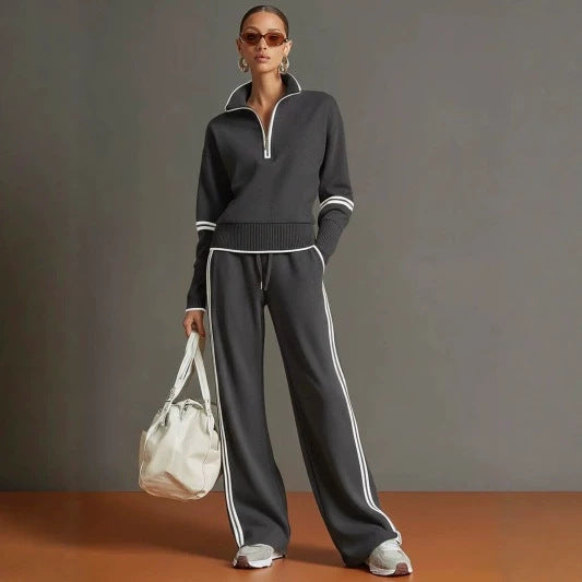 Women's Polyester Tracksuit Set | Casual Zip-Up Sweatshirt Jogger Pants