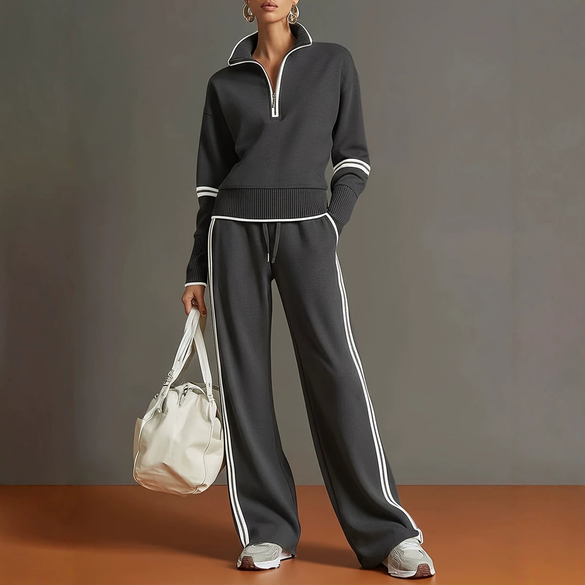 Women's Polyester Tracksuit Set | Casual Zip-Up Sweatshirt Jogger Pants