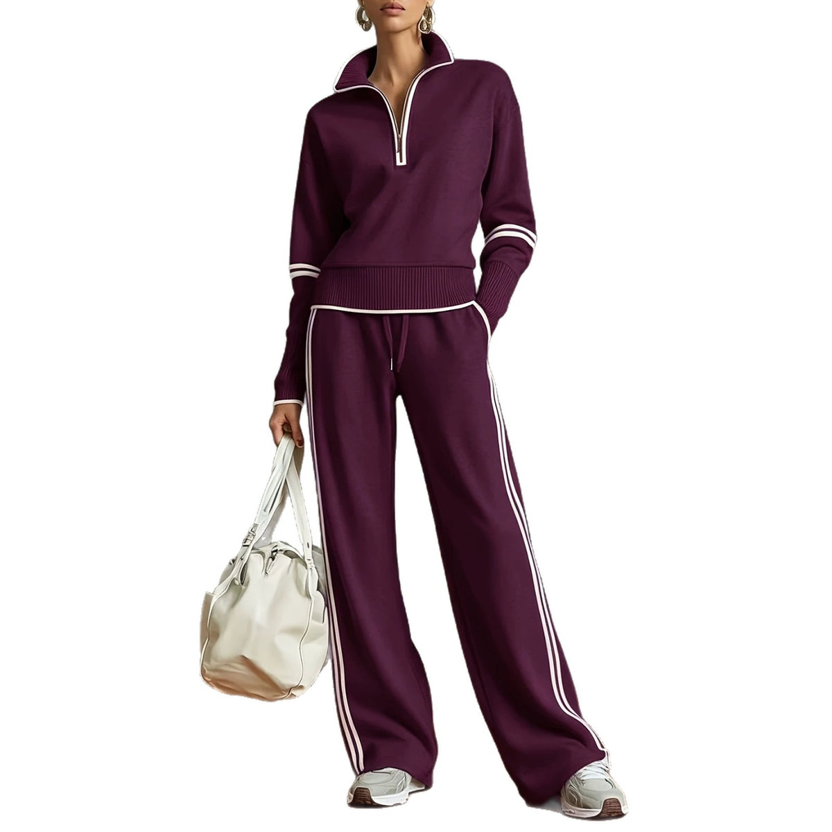 Women's Polyester Tracksuit Set | Casual Zip-Up Sweatshirt Jogger Pants
