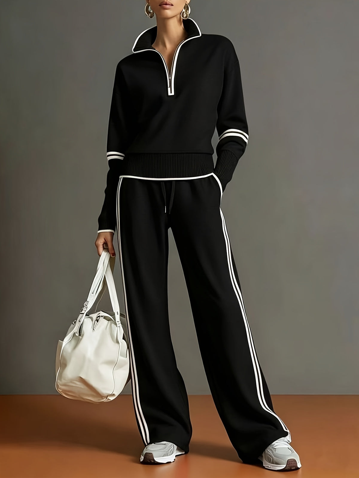 Women's Polyester Tracksuit Set | Casual Zip-Up Sweatshirt Jogger Pants
