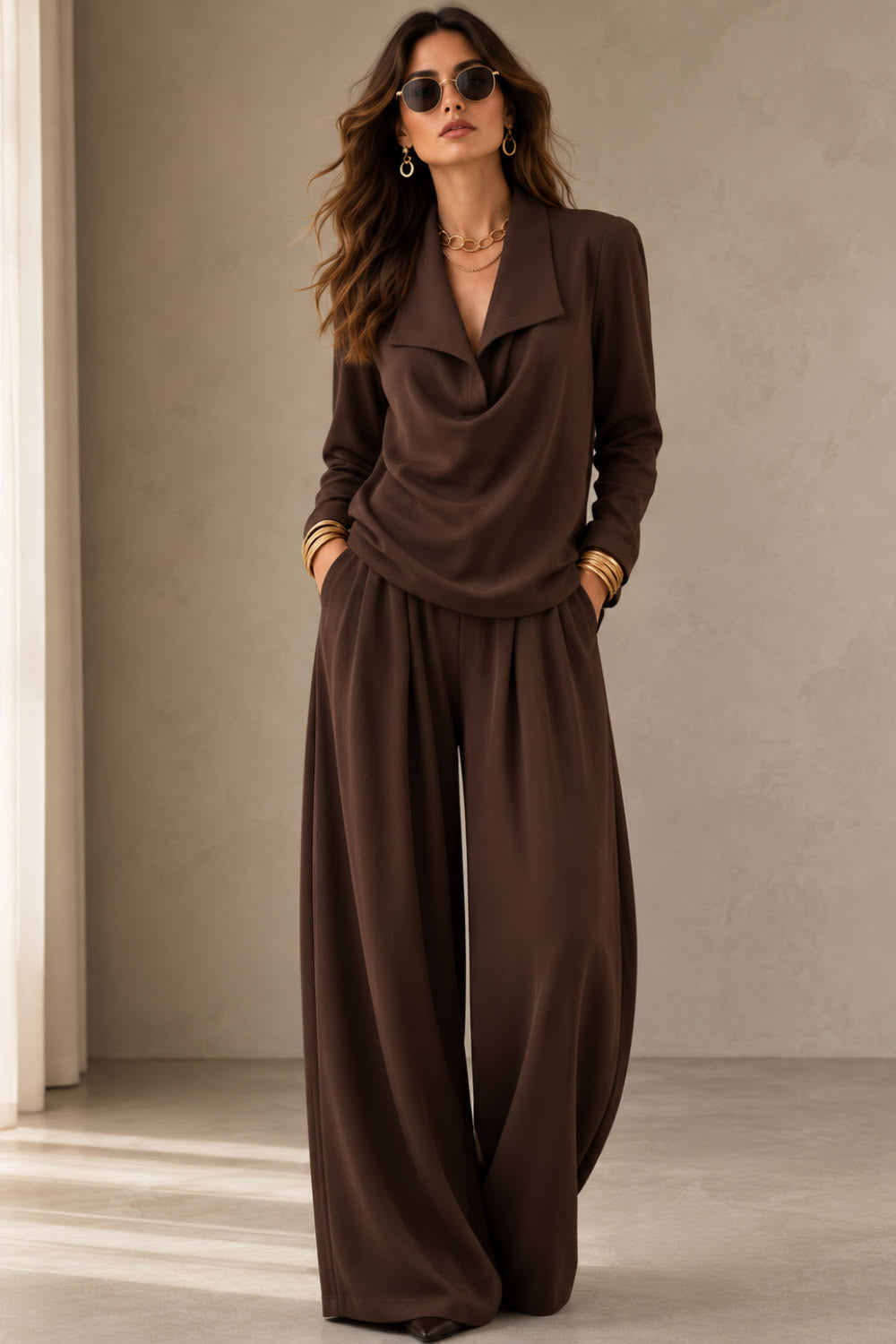 A woman models a dark brown long-sleeve jumpsuit with a draped cowl neckline and wide-leg pants, styled with gold jewelry in a minimalist indoor setting.
