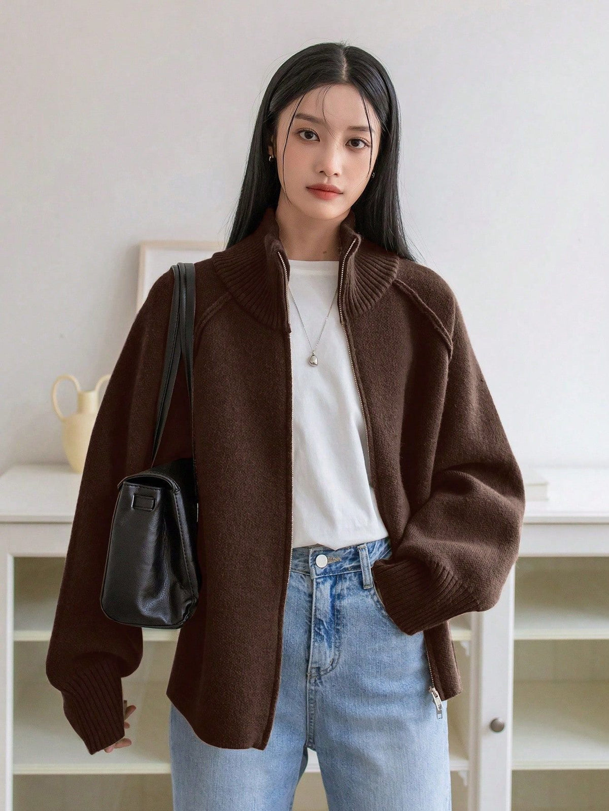 Women's Solid Cashmere Blend Cardigan | Loose Autumn Zip-Up Sweater