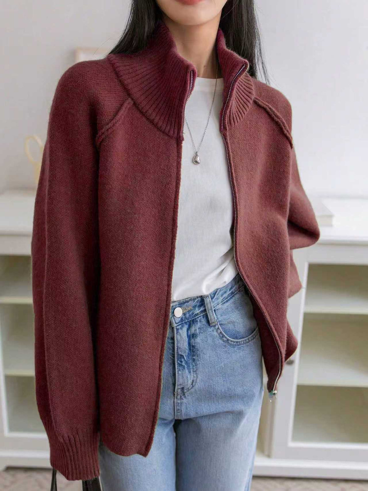 Women's Solid Cashmere Blend Cardigan | Loose Autumn Zip-Up Sweater
