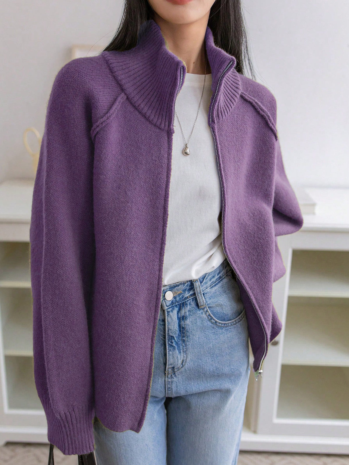 Women's Solid Cashmere Blend Cardigan | Loose Autumn Zip-Up Sweater