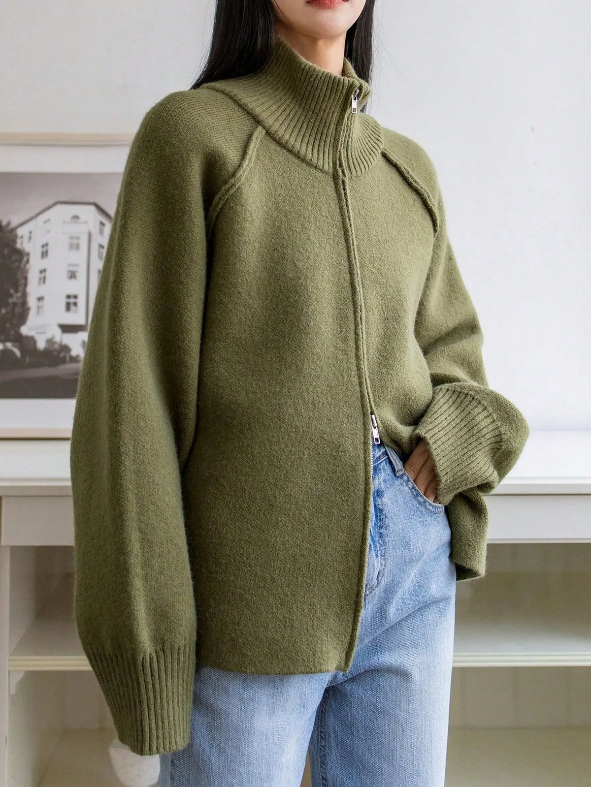 Women's Solid Cashmere Blend Cardigan | Loose Autumn Zip-Up Sweater