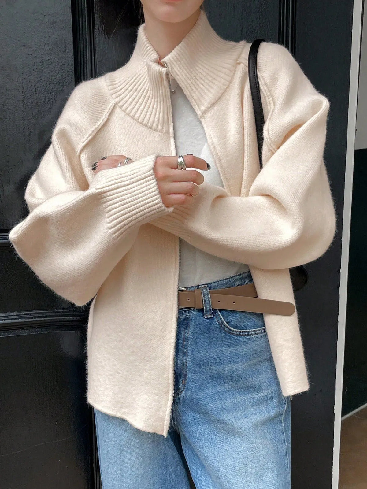 Women's Solid Cashmere Blend Cardigan | Loose Autumn Zip-Up Sweater