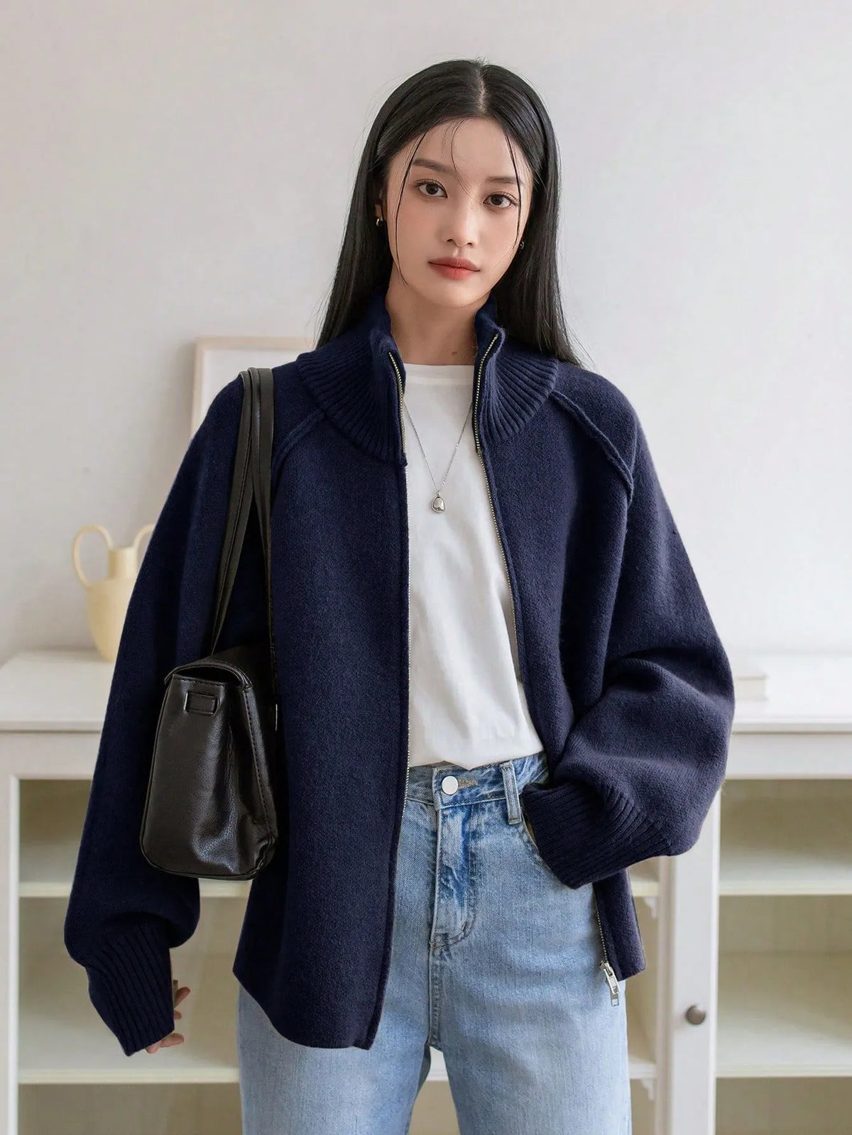 Women's Solid Cashmere Blend Cardigan | Loose Autumn Zip-Up Sweater