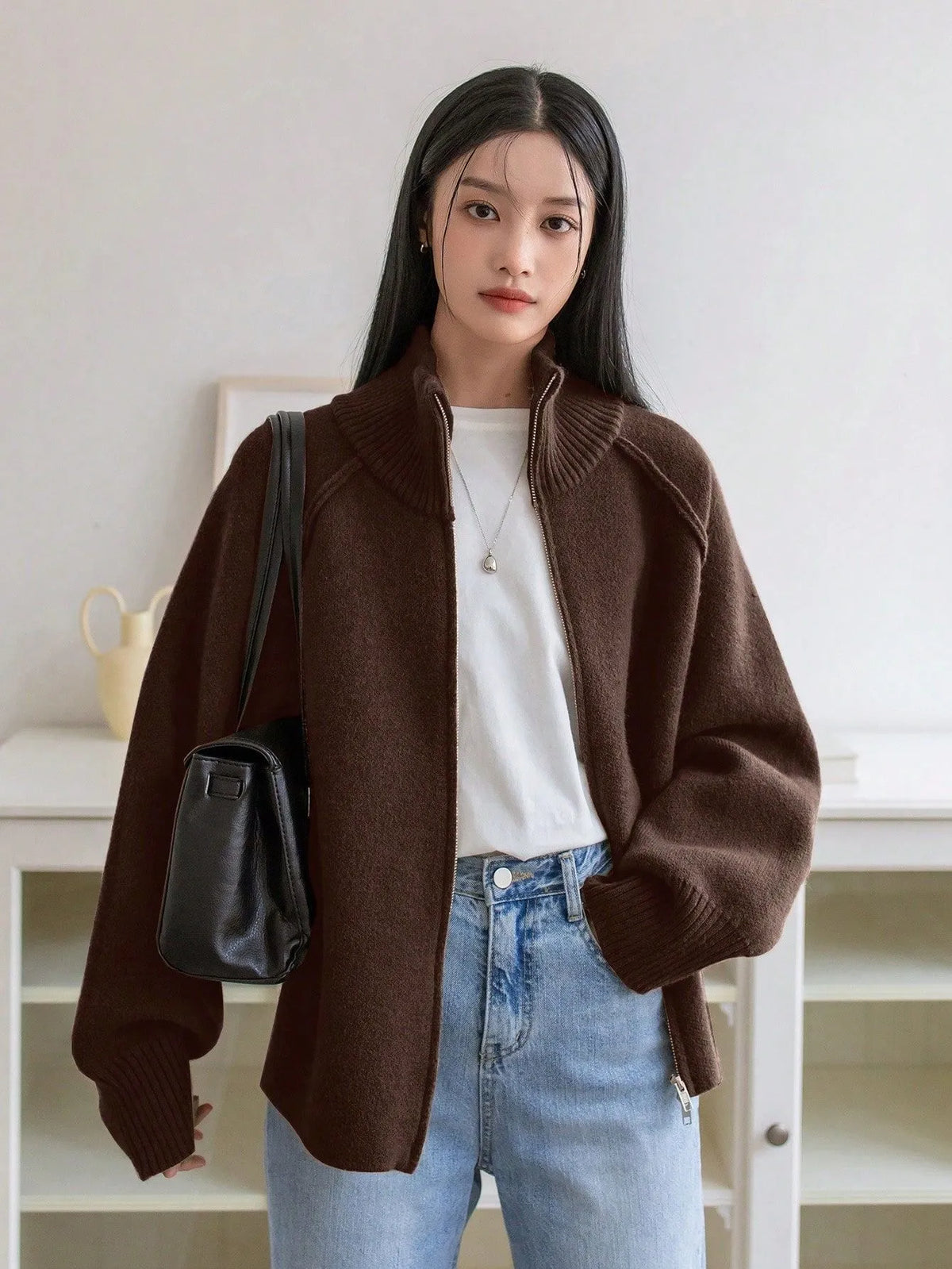 Women's Solid Cashmere Blend Cardigan | Loose Autumn Zip-Up Sweater