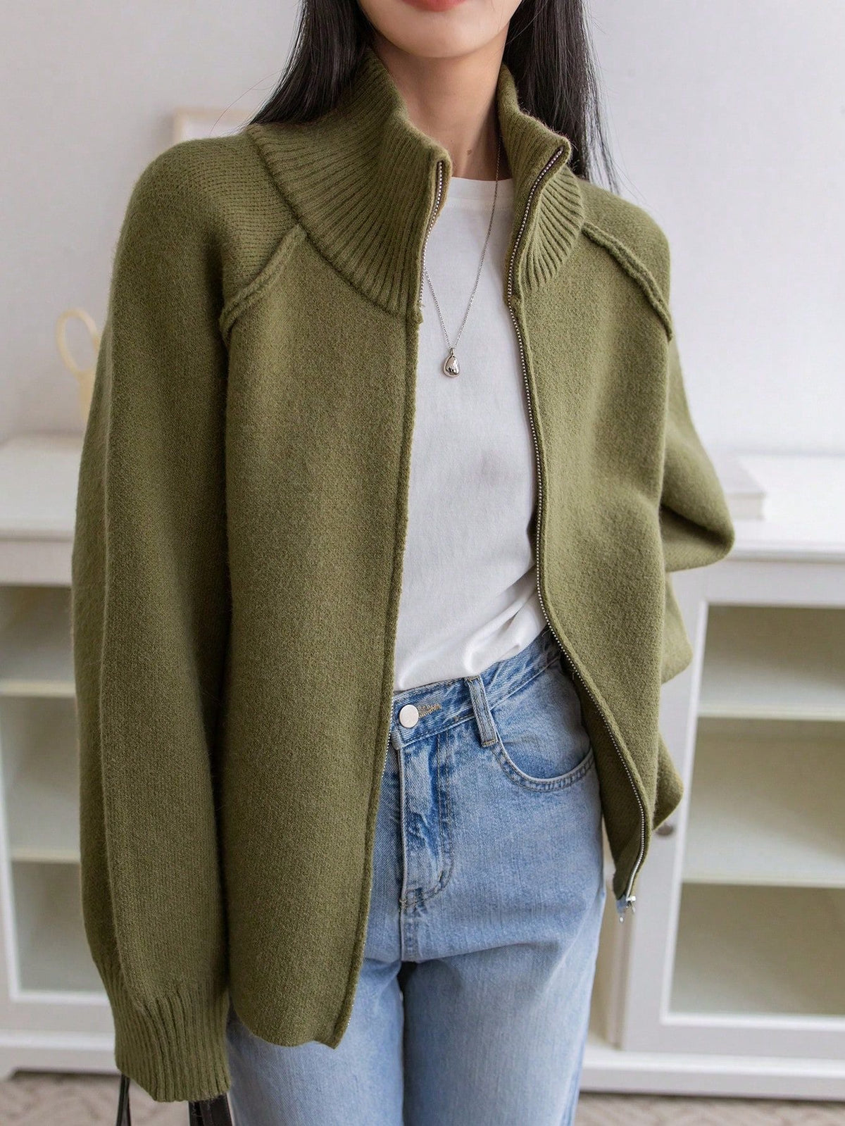 Women's Solid Cashmere Blend Cardigan | Loose Autumn Zip-Up Sweater