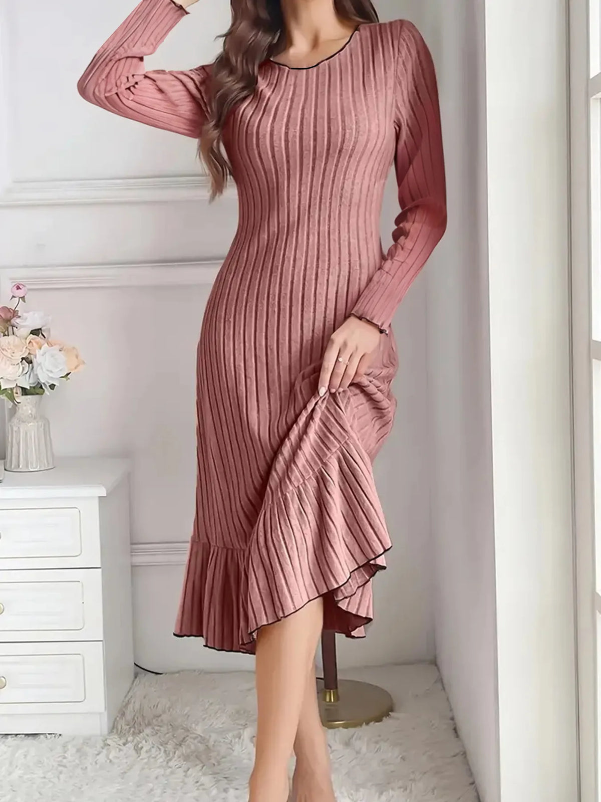 Women's Solid Long Sleeve Autumn Dress | Elegant Casual Midi Skirt