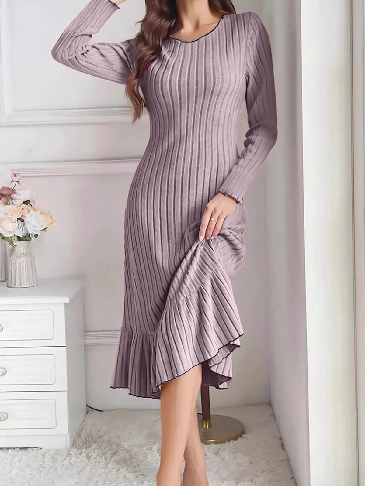 Women's Solid Long Sleeve Autumn Dress | Elegant Casual Midi Skirt