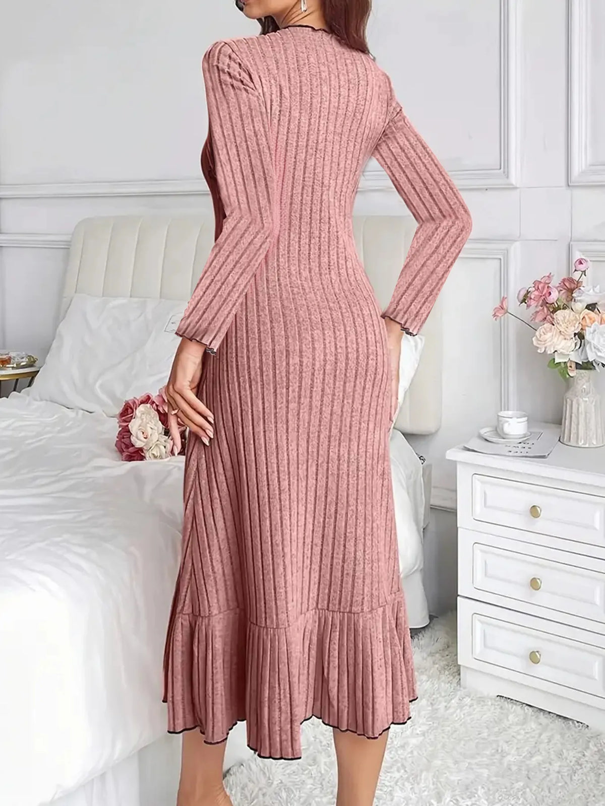 Women's Solid Long Sleeve Autumn Dress | Elegant Casual Midi Skirt
