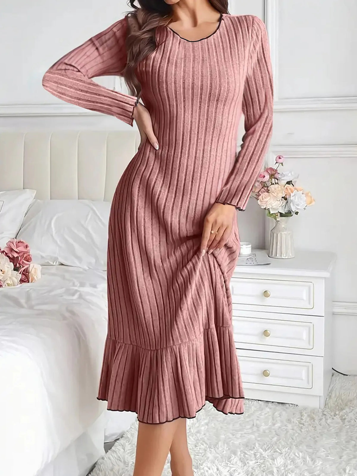 Women's Solid Long Sleeve Autumn Dress | Elegant Casual Midi Skirt