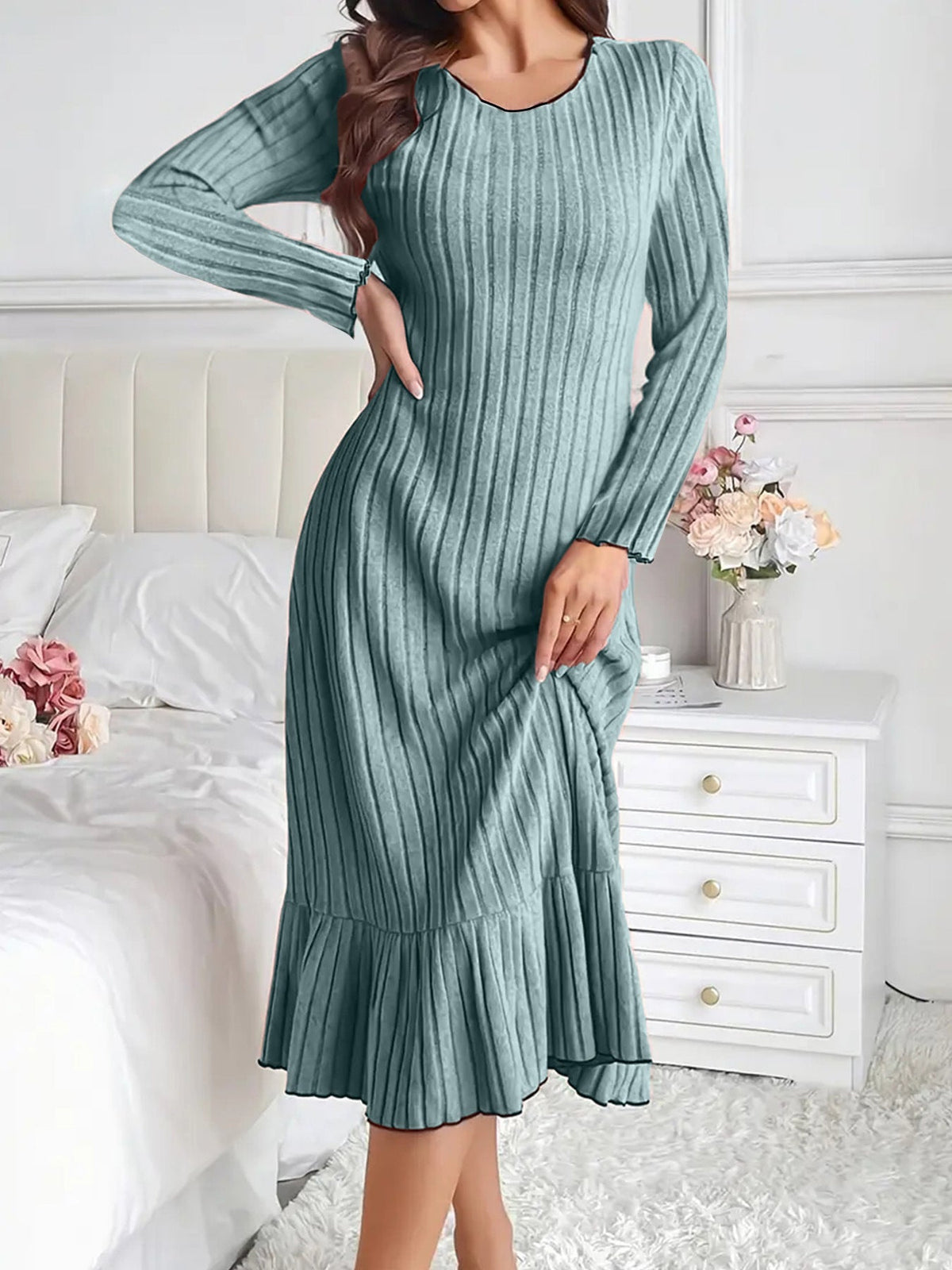 Women's Solid Long Sleeve Autumn Dress | Elegant Casual Midi Skirt