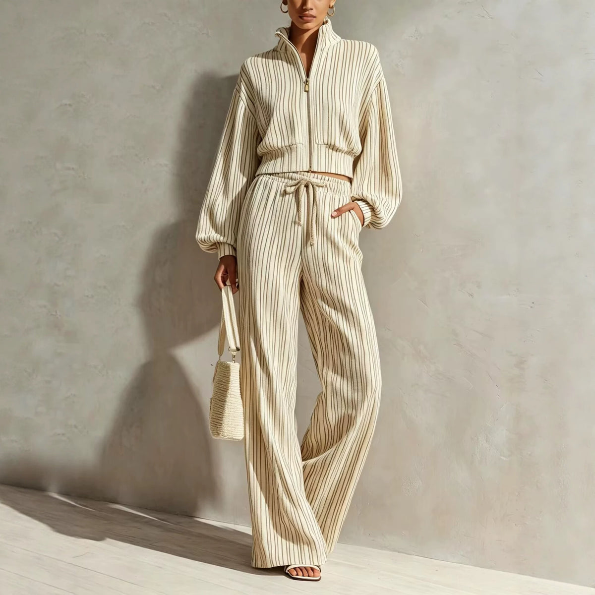 Women's Striped Autumn Tracksuit | Zip Cardigan Wide-Leg Set