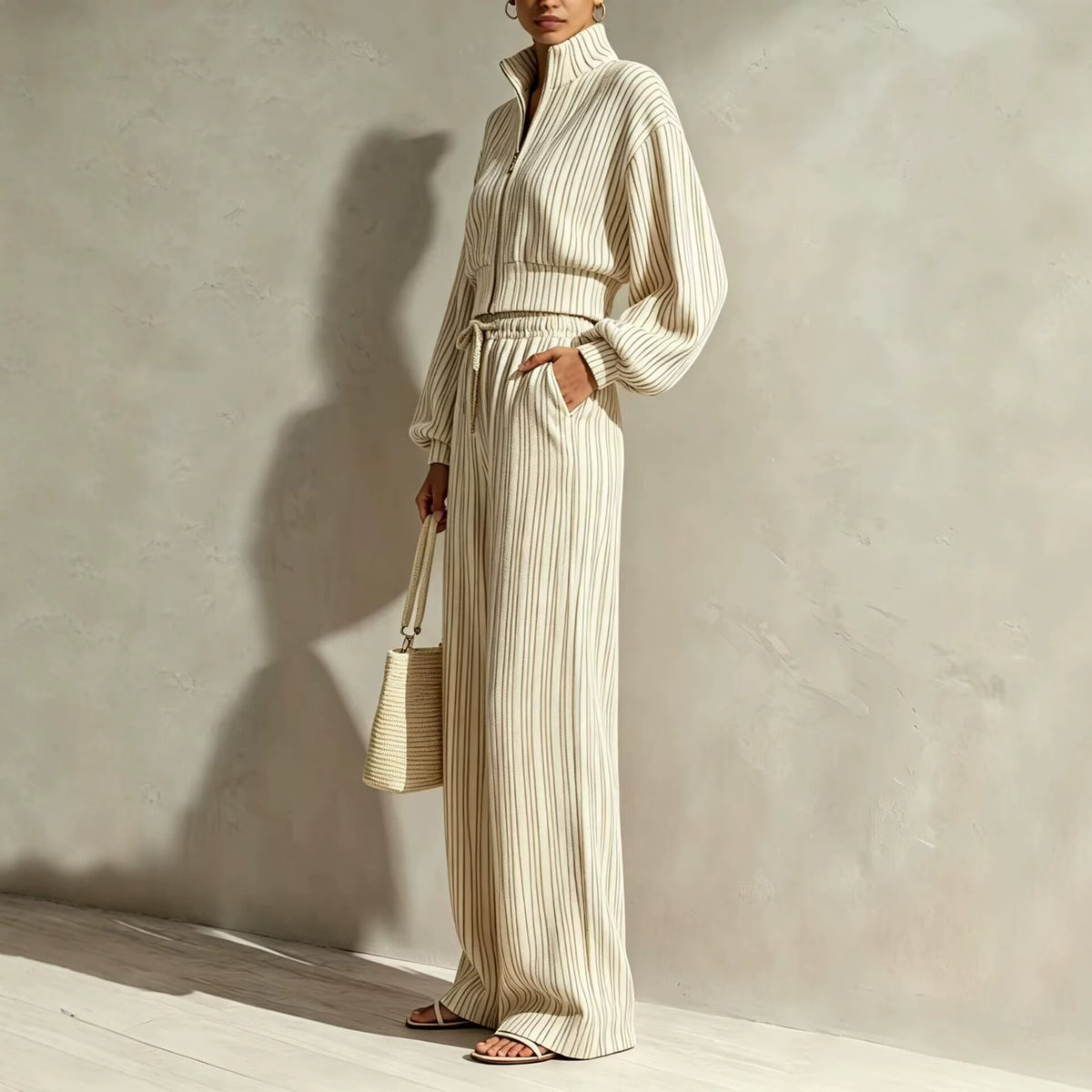 Women's Striped Autumn Tracksuit | Zip Cardigan Wide-Leg Set