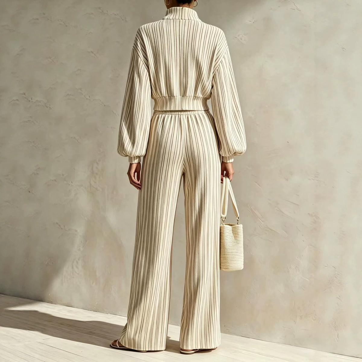 Women's Striped Autumn Tracksuit | Zip Cardigan Wide-Leg Set