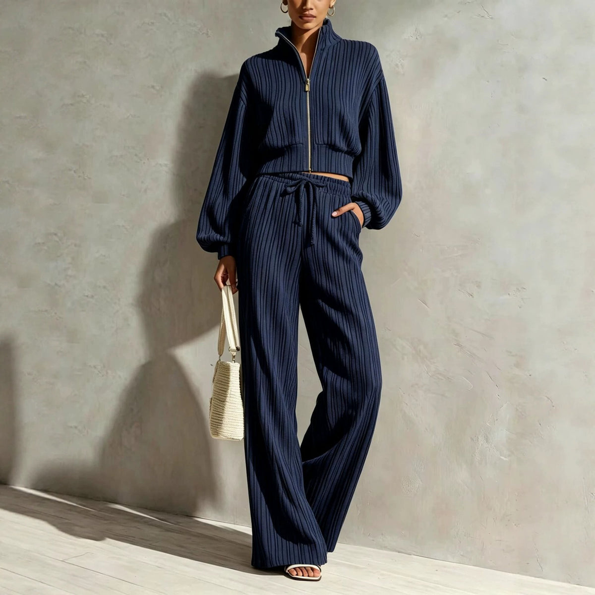 Women's Striped Autumn Tracksuit | Zip Cardigan Wide-Leg Set