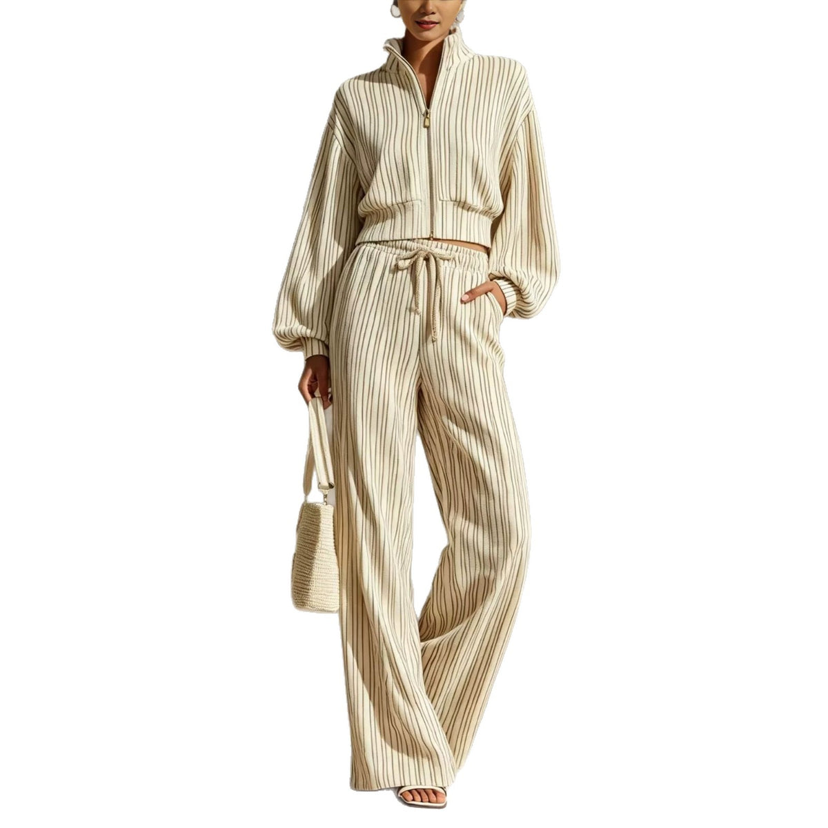 Women's Striped Autumn Tracksuit | Zip Cardigan Wide-Leg Set