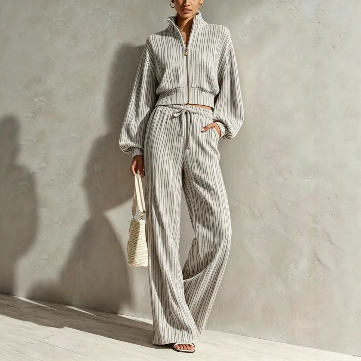 Women's Striped Autumn Tracksuit | Zip Cardigan Wide-Leg Set